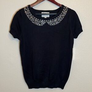 Nwt Debbie Morgan Black Short Sleeve Collar Embellishment Sweater Size Medium